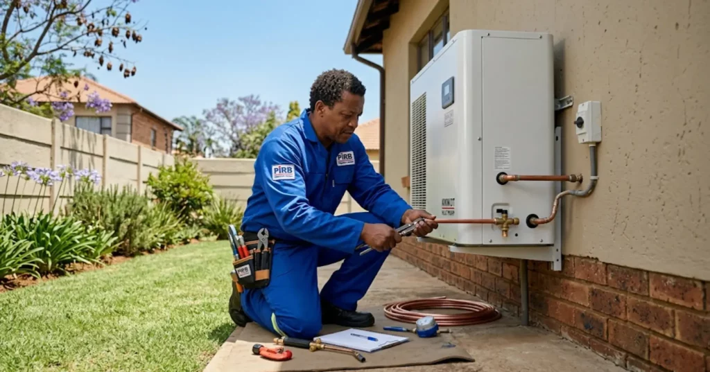 PIRB registered plumber installing heat pump water heater at Pretoria home 2026