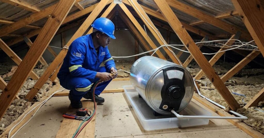 PIRB plumber inspecting geyser installation for plumbing COC compliance in Pretoria