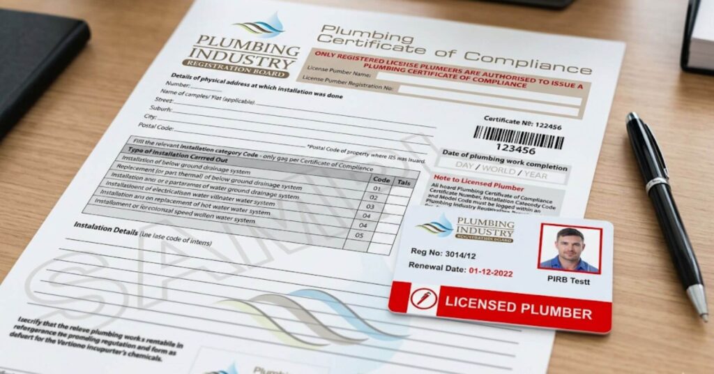 PIRB plumbing certificate of compliance document Pretoria